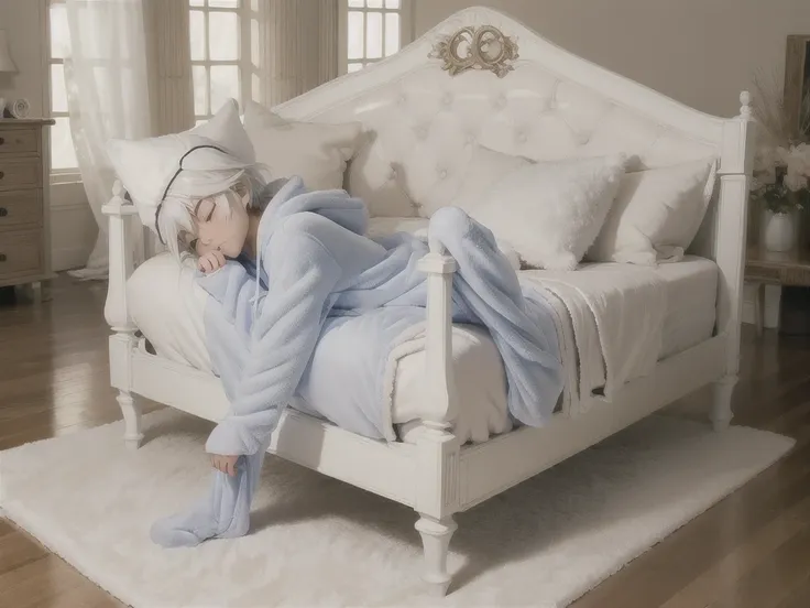 an anime image of a small boy with white hair wearing a thick diaper underneath fox hoodie-footie pjs, hoodie-footie pjs, (sleep...