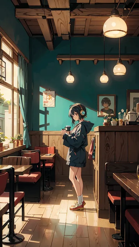 Create a nostalgic anime-style scene set in a cozy cafe. character, Wearing retro headphones, I&#39;m obsessed with my laptop, Surrounded by vintage decor. Capture something warm, Lo-fi music vibe.