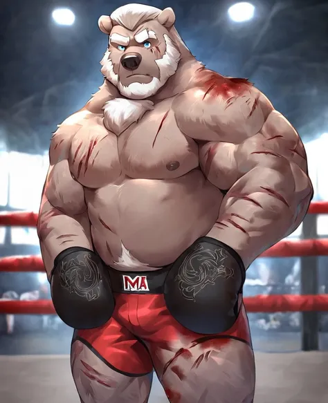 Solo,  1boy,   Grizzly Bear，personification，Mature male，Hercules，Short White hair，naked，Gentle expression，Blue pupils，gray eyebrows，Scars on face and chest，Shirtless,   topless，Huge Muscular,    Body-built,    MMA Shorts,  Thick Arms,   Rippling Muscle Arm...