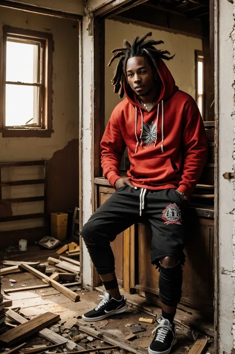 A young black dude with dreads
Sitting inside an abounded house
Carries a bilum with marijuana butt on his hand
Wears a match of red hoodie and black ripped shorts
