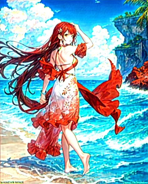 One girl, red,  Ocean, Ocean, style: watercolor, Oceangulls, Promenade, turn around, barefoot, dress, mksks style, masterpiece, Highest quality, Very detailed, figure, Realistic