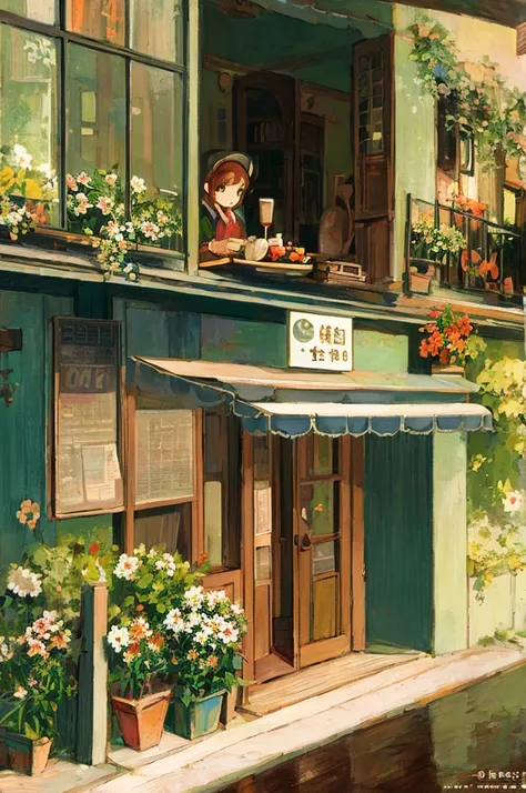 Masterpiece,best quality,Masterpiece,best quality,official art,Very detailed CG unity 8k wallpaper.,slightly retro color,rice print style,illustration,cute,1 girl,flower,window sill,กระถางflower,drink coffee,.