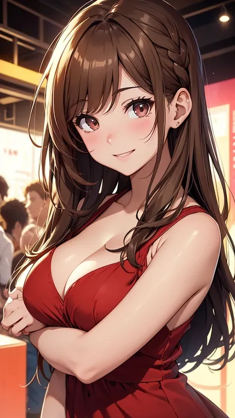 Gal、Upper Body、Hair light brown、Shortcuts、Being drunk、Your cheeks are red、Large Breasts、Wearing a sleeveless dress、Face smiling happily、Party Scene、Around 25 years old、Anime style illustrations、Blushing,