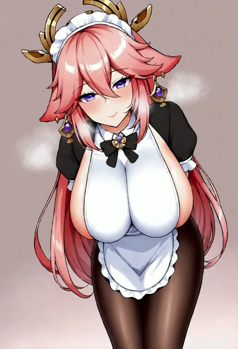 best quality masterpiece extremely detailed highres 1girl yae miko huge breasts maid Bodysuit sexy breath