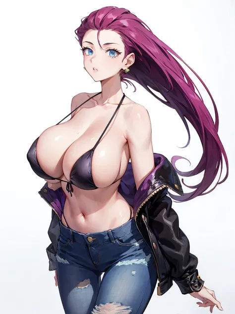 Jessie Pokemon, jewelry,(Big Breasts:1.2) , blue eyes, One girl, Purple Hair, Earrings, clavicle, I slicked my hair back., Part your lips, Blurred Background, Black bikini top, Damaged denim jeans
