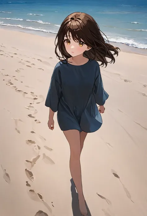 Girl with dark brown hair.Hazel eyes.Walking on the beach sand 