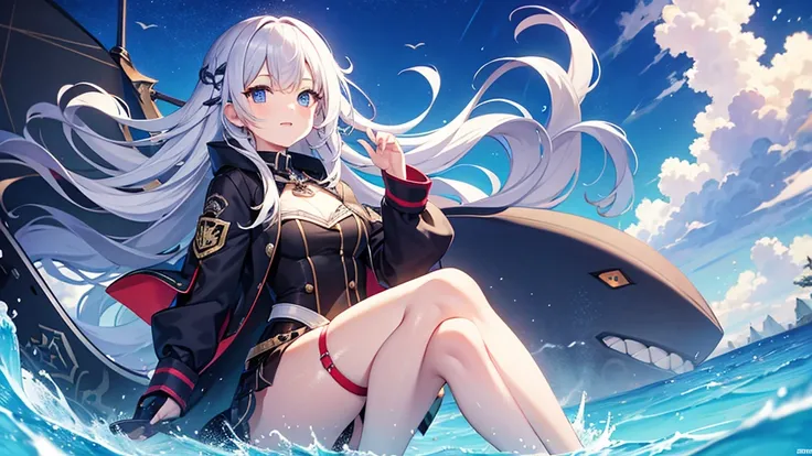 anime, cute, girl, concept art, vtuber model, teen, silver hair, long hair, blue eyes, whale jacket