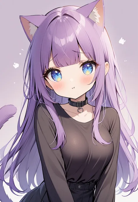 1girl, blue eyes, long hair, bangs, purple hair, breasts, sad pout, black collar, cat ears, purple cat tailc, black clothes