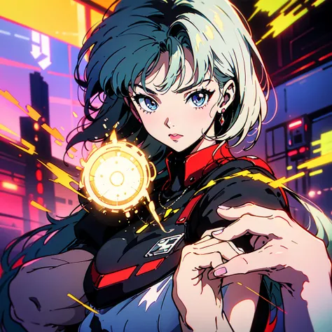 A city pop poster with a retro 80s feel、Imagine the album cover。With the highest quality anime illustrations、There is one blonde girl with short hair.。Her eyes shine blue、Dressed in rapper style clothing、I&#39;m wearing headphones。
The image is in a dynami...