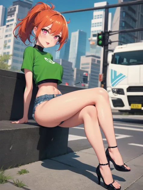  wide hips, thighs, Vicky, ponytail, lipstick, midriff, 1girl, green crop top, pink eyes, micro short denim, orange hair ,solo girl, sitting, crossing legs high heels