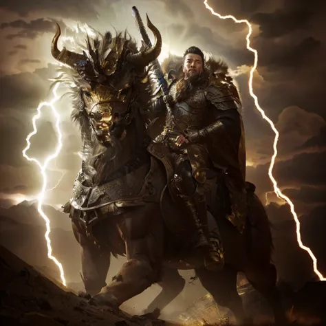 there is a man riding a qilin, chinese warrior, lightning background, armour, gold luxurious armour, 3 eyes