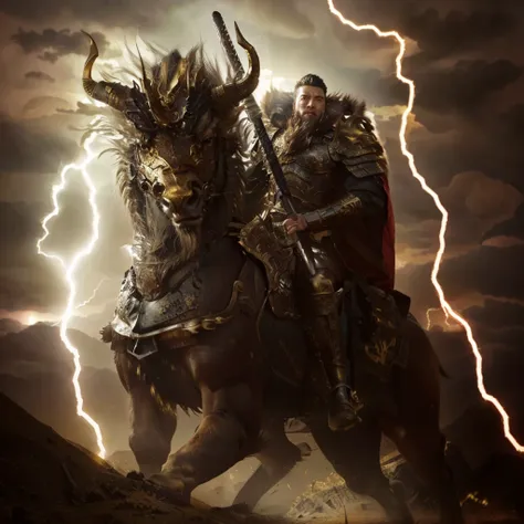 there is a man riding a qilin, chinese warrior, lightning background, armour, gold luxurious armour, 3 eyes