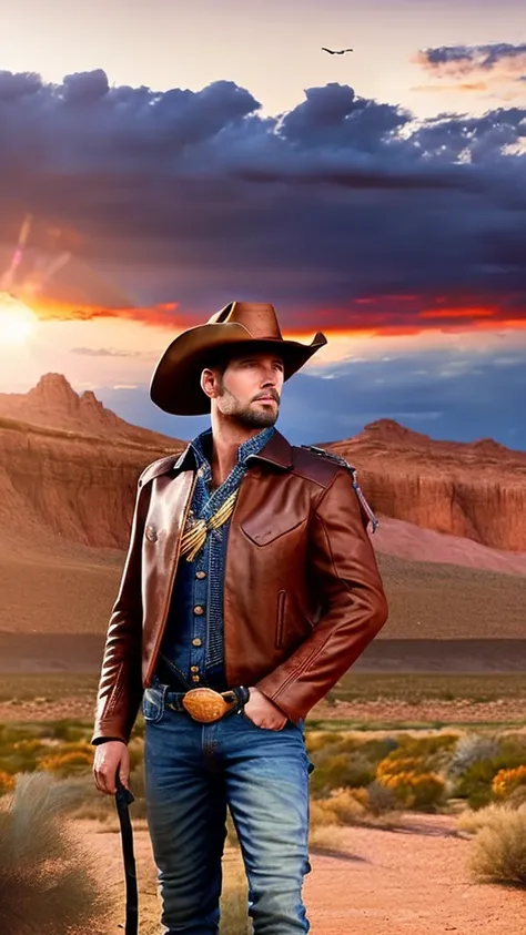 a cowboy in the wild west, photorealistic, cinematic lighting, dramatic composition, highly detailed facial features, rugged cowboy hat, leather jacket, jeans, cowboy boots, lasso, horse in the background, desert landscape, dramatic sky, sunset colors, vol...