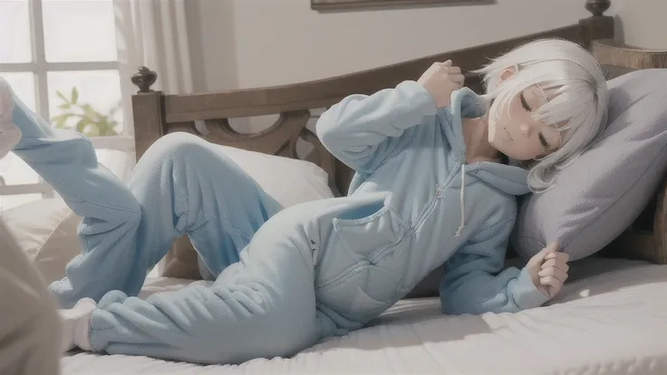 An anime image of a small boy with white hair wearing a thick diaper underneath fox hoodie-footie pjs, hoodie-footie pjs, (sleeping in a crib), nursery, ((1boy)), solo, adorable, masterpiece, extremely detailed, beautiful eyes, sharp focus, vivid colors, s...