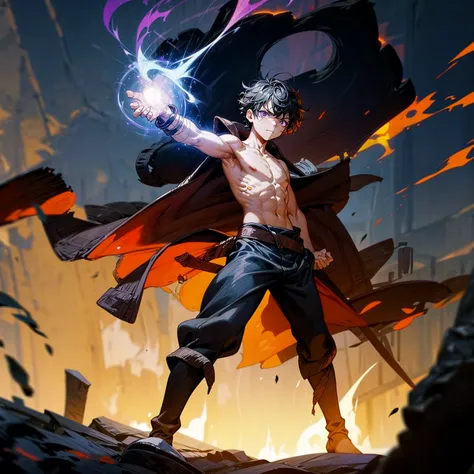 1boy, muscle, Full body version, 1character, purple eyes, short haircut, angry eyes, black color hair, topless, pirate cloak coat, long boots, Grassroots, full background in field town, motion blur, lighting, (one piece art), standing gesture, bandage, smo...