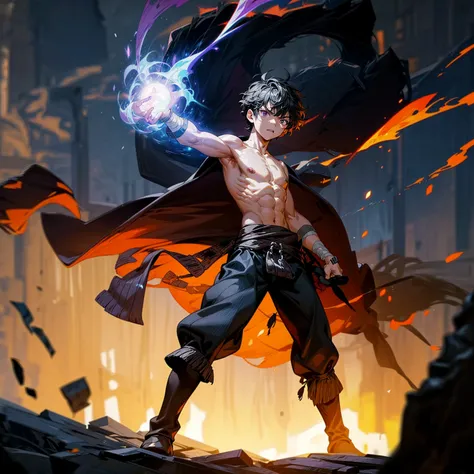 1boy, muscle, Full body version, 1character, purple eyes, short haircut, angry eyes, black color hair, topless, pirate cloak coat, long boots, Grassroots, full background in field town, motion blur, lighting, (one piece art), standing gesture, bandage, smo...