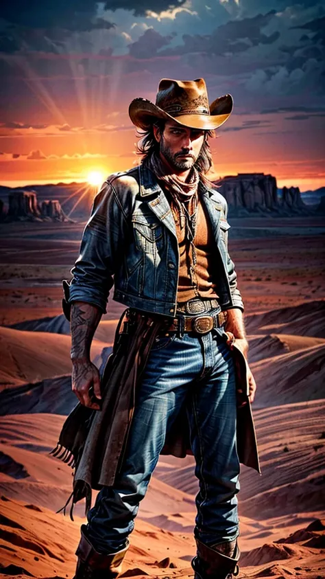 a cowboy in the wild west, photorealistic, cinematic lighting, dramatic composition, highly detailed facial features, rugged cowboy hat, leather jacket, jeans, cowboy boots, lasso, horse in the background, desert landscape, dramatic sky, sunset colors, vol...