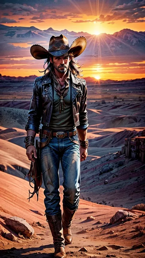 a cowboy in the wild west, photorealistic, cinematic lighting, dramatic composition, highly detailed facial features, rugged cowboy hat, leather jacket, jeans, cowboy boots, lasso, horse in the background, desert landscape, dramatic sky, sunset colors, vol...