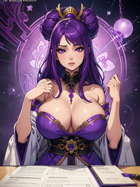 Close-up of woman with purple hair and purple dress, Surreal paintings inspired by Nishikawa Sukenobu, Artstation contest winner, fantasy art, Trending on cgstation, Japanese goddess, Covers very large breasts, Hyper-realistic anime, Beautiful, charming an...