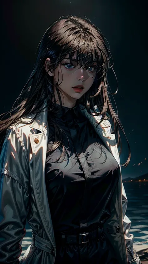 a beautiful young woman with long brown hair, bangs, wearing a white coat and black shirt, in a detailed and intricate style, masterpiece, best quality, hyperrealistic, 8k, ultra-detailed, photorealistic, vivid colors, cinematic lighting, dramatic shadows,...