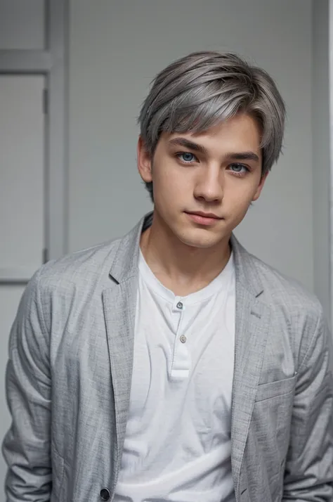 a boy with gray hair wears a plain gray white jacket and has blue eyes