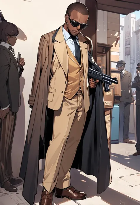 Dark-skinned man,wears a shade that hides his eyes, He has a detective suit from the 70s, wear brown shoes, use a rebolber gun