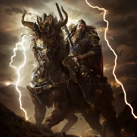 there is a man riding a qilin, Chinese warrior, lightning background, armour, gold luxurious armour, 3 eyes, long hair, long beard