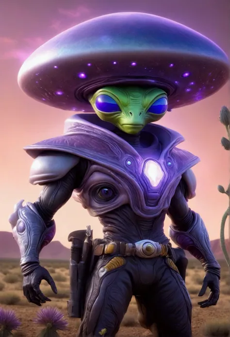 Alien cowboys (lean, big head, huge dark eyes, cowboy u=outfit, ray guns) are riding on crystalline beetles, alien plains with strange plants, violet skies, 2 suns