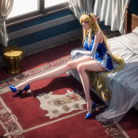 high resolution, masterpiece, high quality, perfect face, perfect eyes, Princess Nina Aslato, long blonde hair, long elf ears, tiara, blue leotard, miniskirt, high heels, feet together, white elbow gloves, huge breasts, cheerful, bedroom background (indoor...