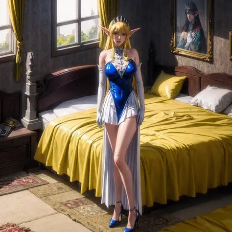 high resolution, masterpiece, high quality, perfect face, perfect eyes, Princess Nina Aslato, long blonde hair, long elf ears, tiara, blue leotard, miniskirt, high heels, feet together, white elbow gloves, huge breasts, cheerful, bedroom background (indoor...