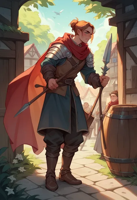 Create a medieval spear with a red scarf and place a barrel where it should hold it