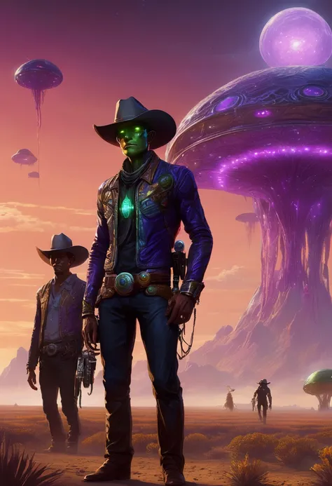 Alien cowboys (lean, big head, huge dark eyes, cowboy outfit, ray guns) are riding on crystalline beetles, alien plains with strange plants, violet skies, 2 suns
