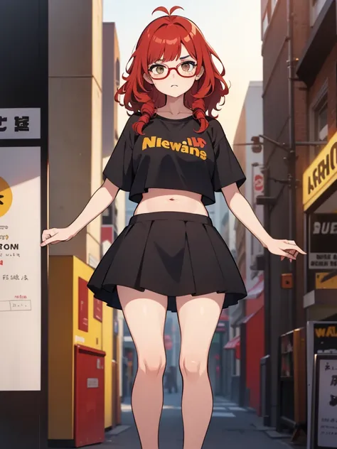 1 girl, Red hair, medium length hair, curly hair, freckles, mad face, circle glasses, -yellow glasses-, brown eyes,  body shape, short skirt, cropped t-shirt, belly showing, black skirt, blue shirt