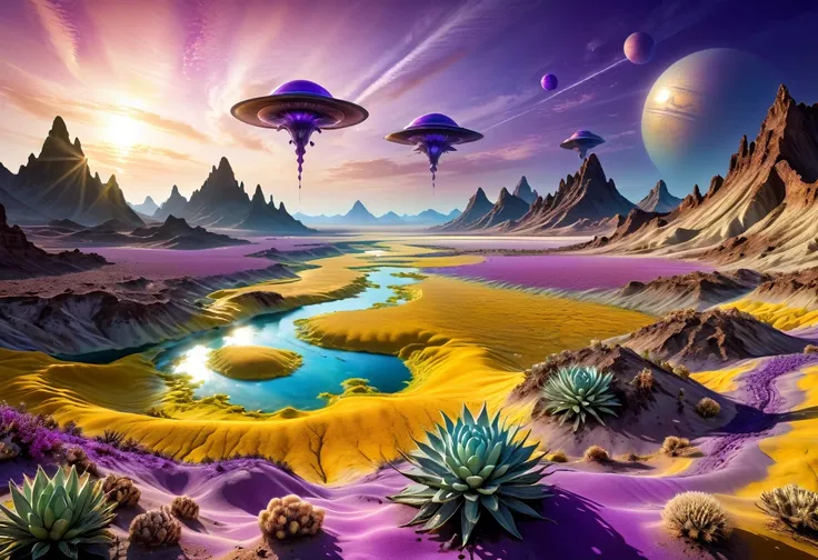 Alien Landscape: 1.5, (best quality, Master of Peace: 1.3), (Ultra Detailed, surreal colors: 1.5), Cosmic, Alien and surreal landscapes.... 3 suns, Purple sky color, Sulphur River Desert Landscape, Flying plants in various colors, Perfect composition, Best...