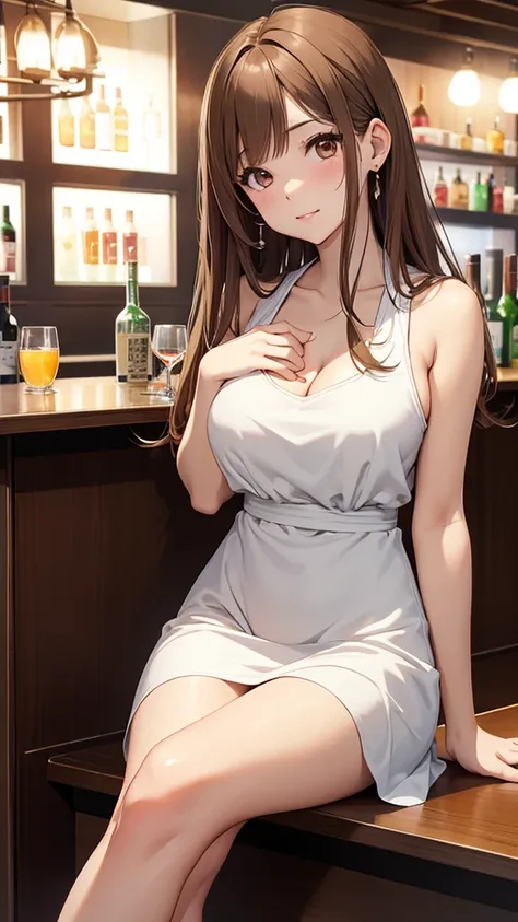 Gal、LOL、Bar counter、Crossing your legs、hair is light brown、Shortcuts、Being drunk、Your cheeks are red、Large Breasts、Wearing a white sleeveless dress、Around 25 years old、Anime style illustrations