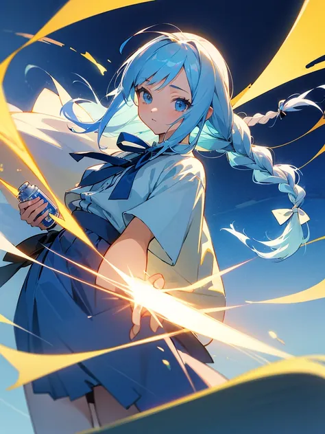 Anime illustration、masterpiece、high quality、girl、long hair、Side braids、Light blue hair、Eyes Blue、Summer clothes with ribbon、Skirt mini flare、Background night baseball field、Hold a plastic bottle