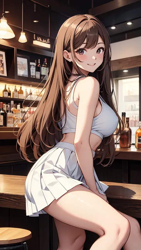 Gal、He is smiling with his mouth wide open.、Bar counter、Crossing your legs、hair is light brown、Shortcuts、Being drunk、Your cheeks are red、Large Breasts、white sleeveless dresini skirt、Around 25 years old、Anime style illustrations