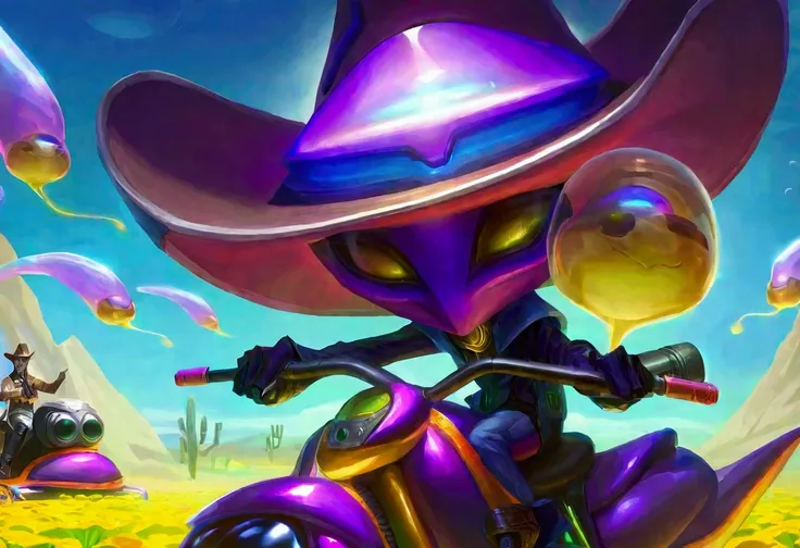 Alien cowboys (lean, big head, huge dark eyes, cowboy outfit, ray guns) are riding on crystalline beetles, alien plains with strange plants, violet skies, 2 suns
