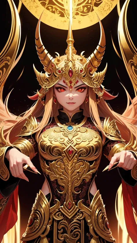 Create a highly detailed and dramatic image of a mythological Thai demon, dressed in intricate golden armor with a fierce expression. The demon should have sharp fangs, dark fur, and glowing eyes, showcasing traditional Thai artistic elements in its design...