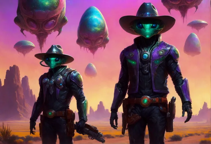 Alien cowboys (lean, big head, huge dark eyes, cowboy outfit, ray guns) are riding on crystalline beetles, alien plains with strange plants, violet skies, 2 suns
