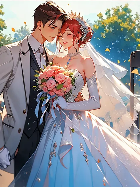 masterpiece, 1girl, 1boy, dress, two people, wedding dress, necktie, couple, smile, strapless dress, closed eyes, pants, straple...