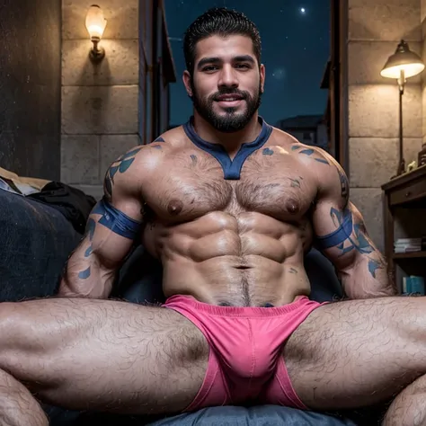 Masterpiece, front view, (Muscular, rugby player, tanned skin, brown hair, extremely hairy chest, ripped, slim torso, handsome man, ((big pink perky nipples)), (((((latino men))))) ), (wearing rugby shorts), laying down, legs open, hefty bulge, dark room, ...