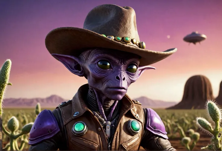 Alien cowboys (lean, big head, huge dark eyes, cowboy outfit, ray guns) are riding on crystalline beetles, alien plains with strange plants, violet skies, 2 suns
