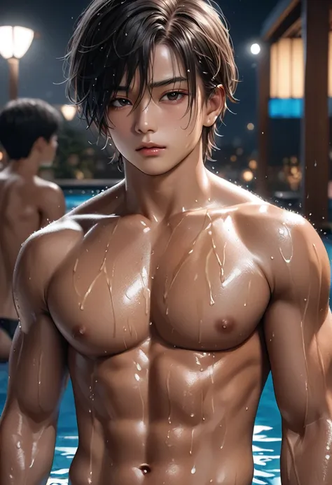 high quality, detailed, Realistic,(one 17 years old tanned japanese boys:1.5), (detailed black eyes), (black short hair), (muscle:1.2), (tanned dark brown skin), night pool, (black tiny thong), (bulge), (detailed nipples), detailed areola, best quality, 4k...