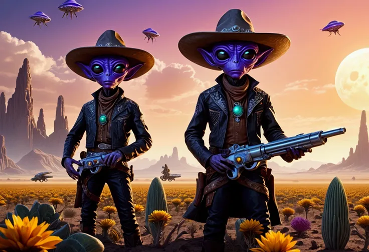 alien cowboys (lean, big head, huge dark eyes, cowboy outfit, ray guns) are riding on crystalline beetles, alien plains with str...