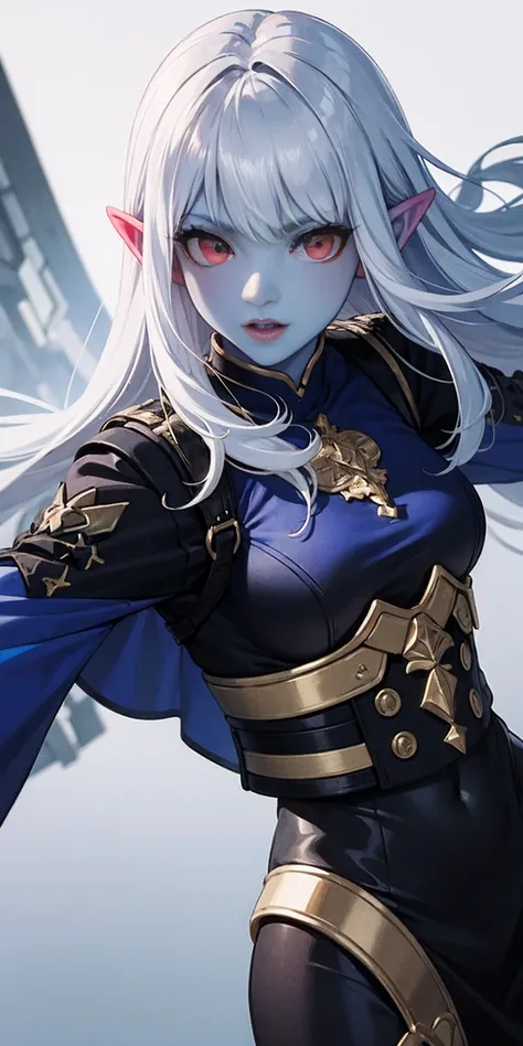 female with blue skin, white hair, red ayes, pointy ears, hyper realistic, Ultra detail, high res