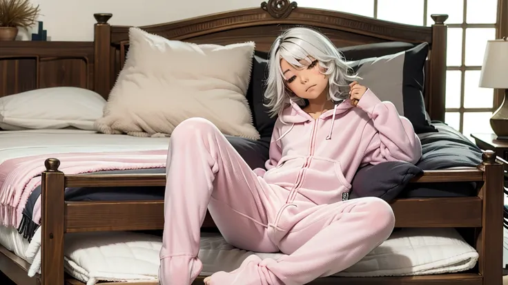 an anime image of a small boy with white hair wearing a thick diaper underneath fox hoodie-footie pjs, hoodie-footie pjs, (pampe...