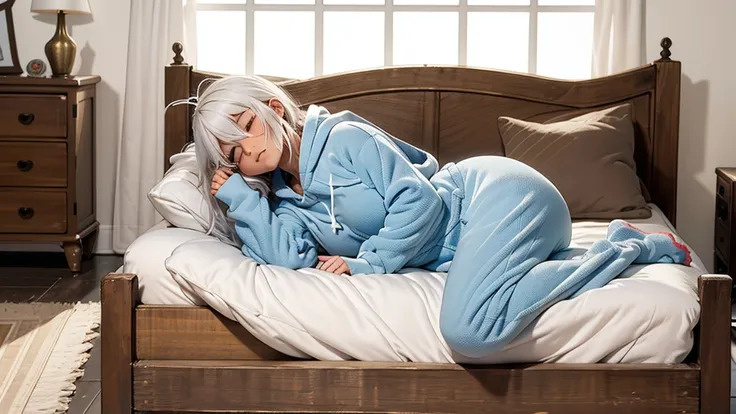 an anime image of a small boy with white hair wearing a thick diaper underneath fox hoodie-footie pjs, hoodie-footie pjs, (pampe...