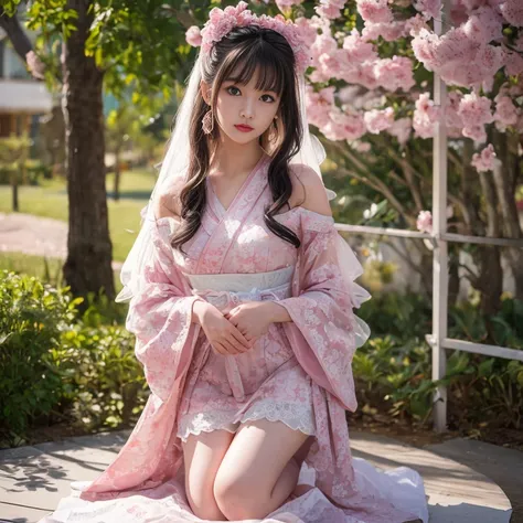 best quality, masterpiece, lifelike, 1 girl, solitary, eternity, Wearing a Sakura Kimono,  Kneeling, Detailed Background,  Delicate face，pink blush，White，knee socks, pink shoes，cold，lots of lace，((​masterpiece))、(top quality)、8k、high detail、Super detailed、...