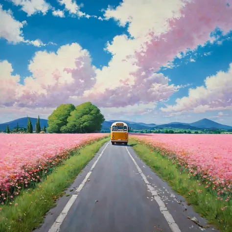 (((best quality)))), Realistic, authentic, beautiful and amazing landscape with a bus on the road oil painting Studio Ghibli Hayao Miyazaki pasture petals with blue sky and white clouds, no humans. A bus journeys west, the windshield flashing pink, pink gl...